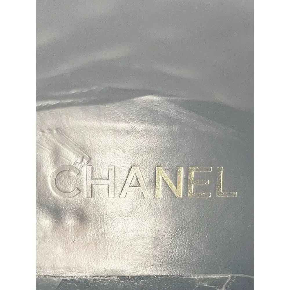 Chanel Black Quilted Patent Cap Toe Leather CC Chain Ankle Combat Boots EU 39.5